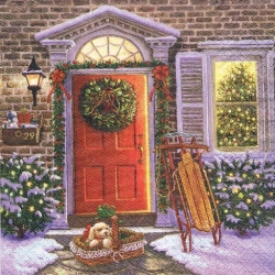 Serwetka -950-    zima, piesek w koszyku, drzwi